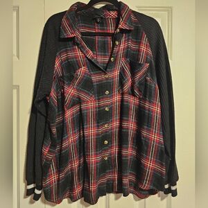 Torrid Relaxed Fit Brushed Rayon Acrylic Red Plaid W/ Waffle Knit Sleeve Shirt